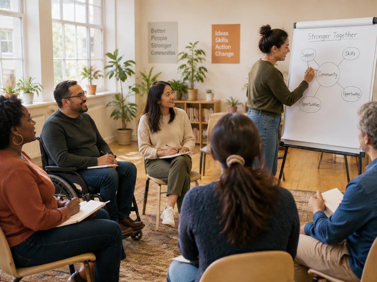 Community members, including a wheelchair user, learning together in a circle