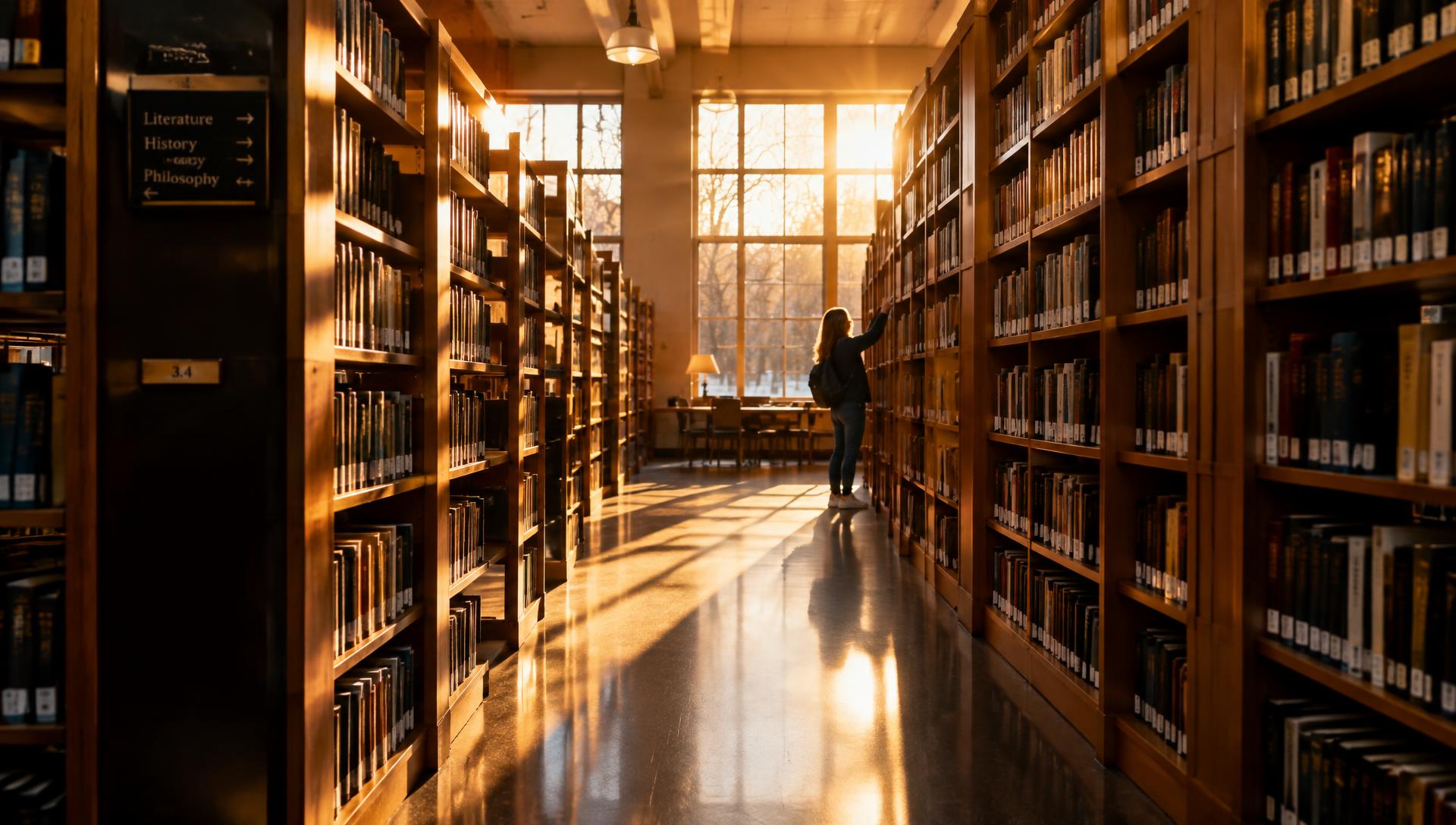 Sunlit library aisle with a reader reaching for a book