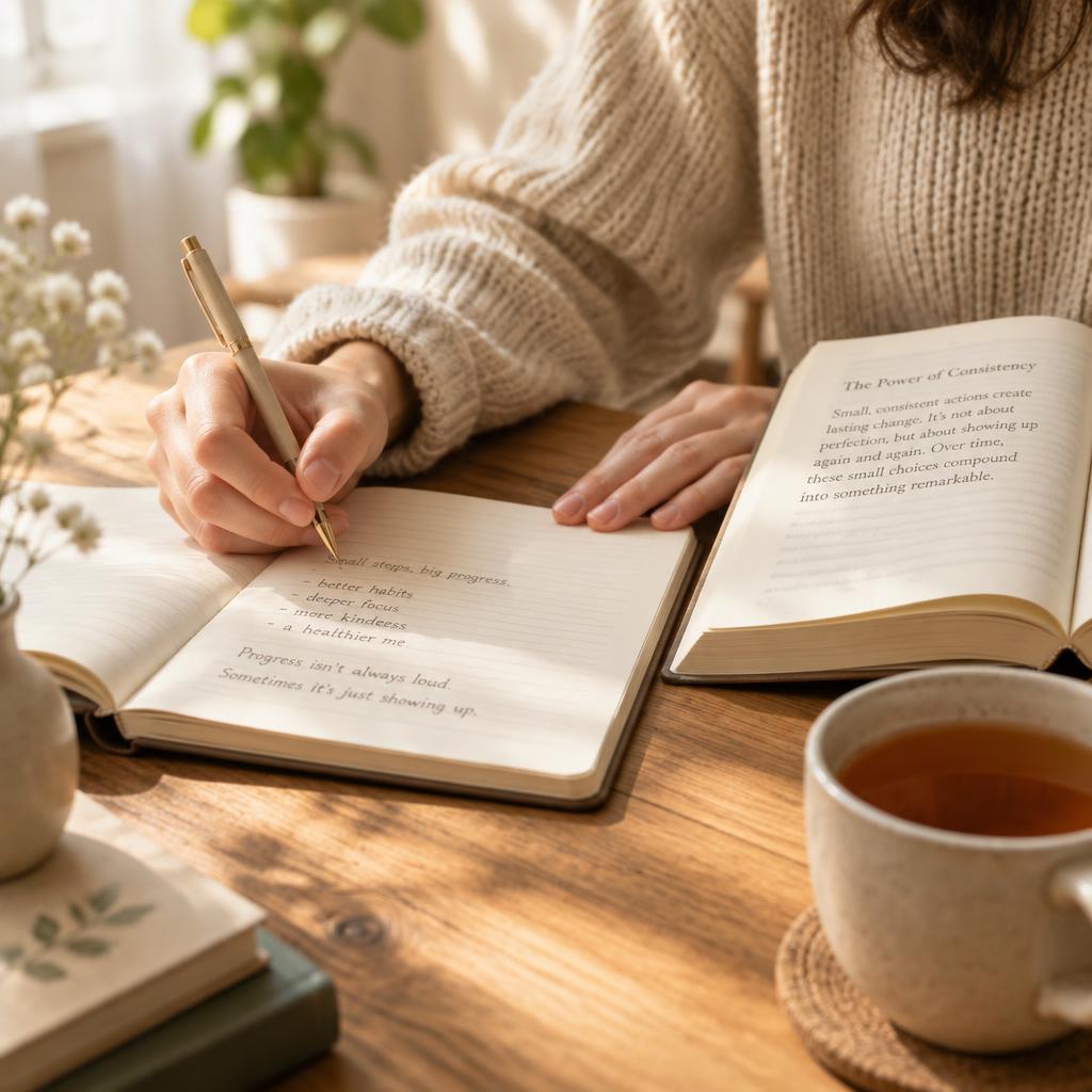 Hands writing notes in a notebook beside an open book
